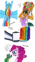 Size: 856x1500 | Tagged: safe, artist:sepiakeys, derpibooru import, gummy, pinkie pie, rainbow dash, twilight sparkle, chameleon, pegasus, pony, g4, fruit, image, marker drawing, png, rainbow, traditional art