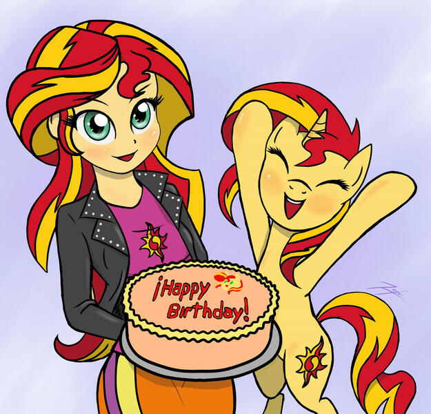 Size: 1800x1727 | Tagged: safe, artist:zetamad, derpibooru import, sunset shimmer, human, pony, unicorn, equestria girls, g4, birthday cake, cake, cute, duo, eyes closed, female, food, happy, happy birthday, horn, human ponidox, image, jpeg, mare, open mouth, open smile, self paradox, self ponidox, shimmerbetes, smiling