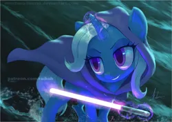 Size: 1160x822 | Tagged: safe, artist:raikoh, derpibooru import, trixie, pony, unicorn, g4, clothes, female, glow, glowing horn, hoodie, horn, image, jpeg, levitation, lightsaber, magic, mare, signature, smiling, solo, star wars, telekinesis, watermark, weapon