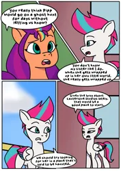 Size: 1131x1600 | Tagged: safe, artist:delilah1_riley, derpibooru import, sunny starscout, zipp storm, earth pony, pegasus, pony, comic:pipp the poltergeist, fanfic:pipp the poltergeist, g5, my little pony: tell your tale, comic, commission, dialogue, duo, duo female, fanfic art, female, image, implied pipp petals, jpeg, mare, outdoors