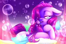 Size: 1524x1024 | Tagged: safe, artist:jadekettu, derpibooru import, pinkie pie, earth pony, pony, g4, blowing bubbles, bubble, color porn, eyestrain warning, female, image, looking at you, mare, pillow, pinkamena diane pie, png, solo