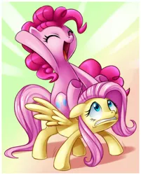 Size: 1640x2040 | Tagged: safe, artist:centchi, derpibooru import, fluttershy, pinkie pie, earth pony, pegasus, pony, g4, armpits, female, image, mare, pinkie pie riding fluttershy, png, ponies riding ponies, riding, riding a pony