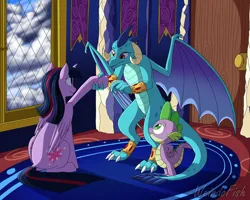 Size: 1680x1344 | Tagged: safe, artist:weirdofish, derpibooru import, princess ember, spike, twilight sparkle, twilight sparkle (alicorn), alicorn, dragon, pony, g4, female, handshake, hoofshake, image, jpeg, mare