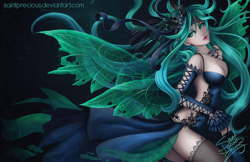 Size: 1224x792 | Tagged: suggestive, artist:saintprecious, derpibooru import, queen chrysalis, human, g4, breasts, cleavage, clothes, evening gloves, female, frilly underwear, gloves, horn, horned humanization, humanized, image, jpeg, long gloves, nail polish, socks, solo, solo female, stockings, thigh highs, underwear, watermark, winged humanization, wings