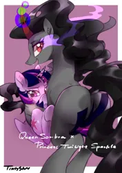 Size: 1240x1754 | Tagged: suggestive, artist:tingsan, derpibooru import, king sombra, twilight sparkle, twilight sparkle (alicorn), alicorn, pony, unicorn, g4, couple, cuddling, curved horn, female, females only, filly, glow, glowing eyes, glowing horn, half r63 shipping, horn, image, jpeg, lesbian, looking at you, looking back, male, mare, queen umbra, rear view, rule 63, ship:twibra, shipping, signature, sombra eyes, straight, text, twibra, umbrasparkle