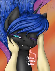 Size: 2153x2786 | Tagged: safe, artist:ravvij, derpibooru import, nightmare moon, alicorn, human, pony, g4, content, cuddling, cute, descriptive noise, ear scratch, fangs, female, hand, happy, horse noises, image, jpeg, looking at you, mare, moonabetes, smiling, snuggling, solo