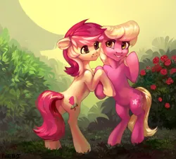 Size: 2583x2322 | Tagged: safe, artist:share dast, derpibooru import, lily, lily valley, roseluck, earth pony, pony, g4, bipedal, duo, duo female, female, flower, image, mare, png, rearing, rose