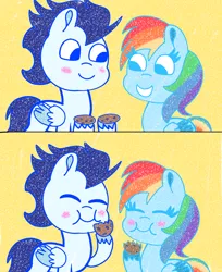 Size: 3540x4338 | Tagged: safe, artist:starflowerpony, derpibooru import, rainbow dash, soarin', pegasus, pony, g4, comic, cookie, eating, female, food, image, male, mare, png, shipping, soarindash, stallion, straight