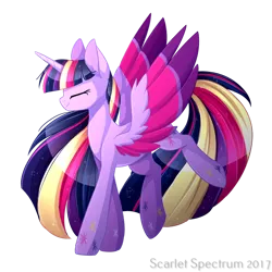 Size: 1050x1050 | Tagged: safe, artist:scarlet-spectrum, derpibooru import, twilight sparkle, twilight sparkle (alicorn), alicorn, pony, g4, eyes closed, female, image, long mane, long tail, mare, png, rainbow power, simple background, slender, smiling, solo, spread wings, tail, thin, transparent background, wings