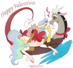 Size: 1400x1295 | Tagged: safe, artist:stepandy, derpibooru import, discord, princess celestia, alicorn, draconequus, pony, g4, blushing, bow, dislestia, eyes closed, eyeshadow, female, heart, holiday, image, kissing, lidded eyes, makeup, male, mare, png, ribbon, shipping, simple background, straight, tail, tail bow, transparent background, underhoof, unshorn fetlocks, valentine's day