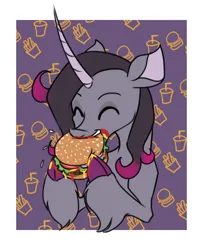 Size: 966x1189 | Tagged: safe, artist:redahfuhrerking, derpibooru import, oleander (tfh), classical unicorn, pony, unicorn, them's fightin' herds, burger, cloven hooves, community related, food, hamburger, horn, image, leonine tail, meat, png, ponies eating meat, solo, unshorn fetlocks