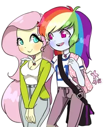 Size: 2236x2683 | Tagged: safe, artist:chibicmps, derpibooru import, fluttershy, rainbow dash, human, equestria girls, g4, female, flutterdash, image, lesbian, png, shipping, simple background, smiling, transparent background