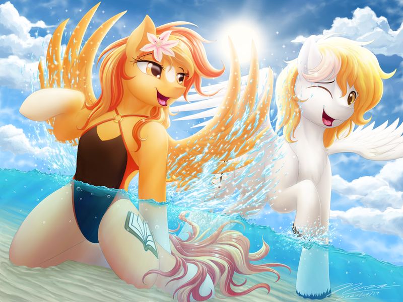 Size: 1024x768 | Tagged: safe, artist:novaintellus, derpibooru import, oc, oc:serenity, oc:white feather, unofficial characters only, pegasus, pony, beach, clothes, duo, female, flower, flower in hair, human shoulders, image, kneeling, male, mare, oc x oc, one-piece swimsuit, png, raised hoof, serenither, shipping, smiling, splash, splashing, stallion, straight, swimsuit, water