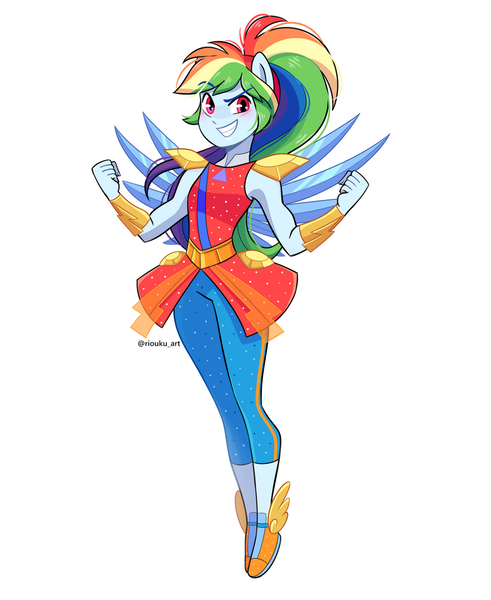 Size: 1024x1252 | Tagged: safe, artist:riouku, derpibooru import, rainbow dash, human, equestria girls, g4, alternate hairstyle, blushing, commission, crystal guardian, cute, dashabetes, female, image, looking at you, my little pony equestria girls: legend of everfree, png, ponied up, ponytail, simple background, smiling, solo, white background