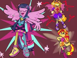 Size: 2000x1500 | Tagged: safe, artist:justinsert_name, derpibooru import, adagio dazzle, sunset shimmer, twilight sparkle, human, siren, equestria girls, g4, clothes, disguise, disguised siren, eyes closed, female, gem, image, jpeg, lidded eyes, microphone, my little pony equestria girls: rainbow rocks, ponied up, singing, siren gem, wings