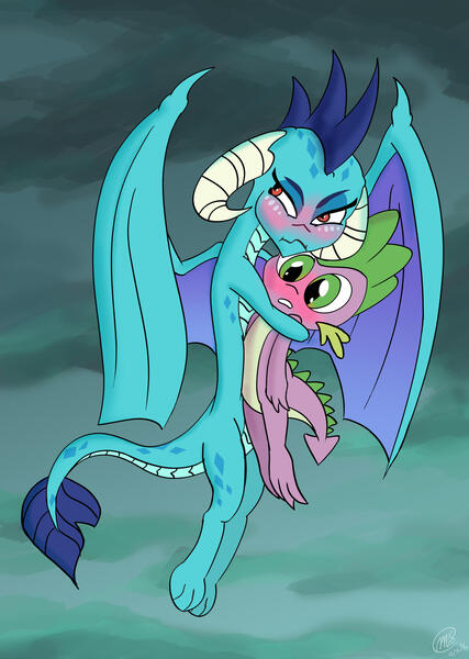 Size: 2065x2905 | Tagged: safe, artist:loreto-arts, derpibooru import, princess ember, spike, dragon, g4, gauntlet of fire, blushing, emberspike, female, hug, image, jpeg, male, my little pony, protecting, ship:emberspike, shipping, straight