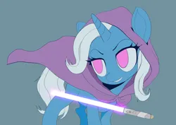 Size: 2910x2061 | Tagged: safe, artist:raikoh, derpibooru import, trixie, pony, unicorn, g4, cape, clothes, female, horn, image, jpeg, lightsaber, mare, simple background, solo, star wars, weapon