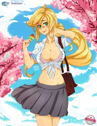 Size: 1244x1600 | Tagged: suggestive, artist:feekteev, derpibooru import, applejack, human, g4, annabel jean smith, belly, belly button, bra, breasts, busty applejack, cherry blossoms, cherry tree, cleavage, clothes, cutey confidential, female, flower, flower blossom, food, frilly underwear, humanized, image, midriff, pink underwear, pleated skirt, png, popsicle, school uniform, skirt, skirt lift, solo, solo female, starswirl academy, summer swirl, tree, underwear