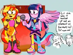 Size: 2048x1536 | Tagged: safe, artist:justinsert_name, derpibooru import, sunset shimmer, twilight sparkle, twilight sparkle (alicorn), alicorn, human, equestria girls, g4, clothes, duo, duo female, female, image, jpeg, microphone, my little pony equestria girls: rainbow rocks, nervous, ponied up, pony ears, question mark, smiling