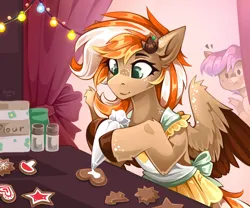 Size: 2560x2133 | Tagged: safe, artist:buvanybu, derpibooru import, oc, unofficial characters only, pegasus, pony, apron, clothes, commission, cookie, food, image, jpeg, pegasus oc, wings, ych result