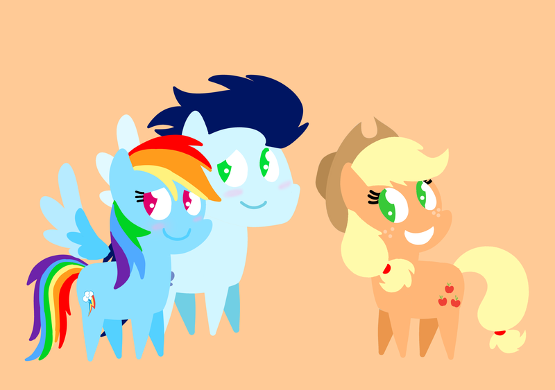 Size: 3553x2499 | Tagged: safe, anonymous artist, derpibooru import, applejack, rainbow dash, soarin', earth pony, pegasus, pony, series:soarindash relationship, series:soarindash romantic tales, g4, blushing, derpibooru exclusive, female, image, male, mare, png, pointy ponies, shipping, smiling, soarindash, stallion, straight