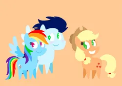 Size: 3553x2499 | Tagged: safe, anonymous artist, derpibooru import, applejack, rainbow dash, soarin', earth pony, pegasus, pony, series:soarindash relationship, series:soarindash romantic tales, g4, blushing, derpibooru exclusive, female, image, male, mare, png, pointy ponies, shipping, smiling, soarindash, stallion, straight