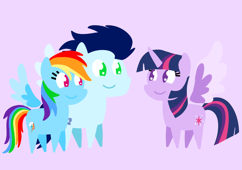 Size: 3553x2499 | Tagged: safe, anonymous artist, derpibooru import, rainbow dash, soarin', twilight sparkle, twilight sparkle (alicorn), alicorn, pegasus, pony, series:soarindash relationship, series:soarindash romantic tales, g4, derpibooru exclusive, female, image, looking at each other, looking at someone, male, mare, png, pointy ponies, shipping, smiling, smiling at each other, soarindash, stallion, straight