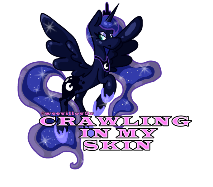 Size: 1280x1122 | Tagged: safe, artist:weevillov3r, derpibooru import, princess luna, alicorn, pony, g4, :<, caption, crown, cute, digital art, female, hoof shoes, image, jewelry, lidded eyes, linkin park, mare, peytral, png, princess shoes, regalia, simple background, solo, song reference, sparkling, text, transparent background