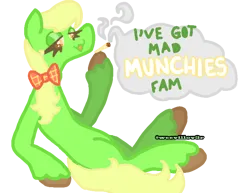 Size: 682x527 | Tagged: safe, artist:weevillov3r, derpibooru import, apple munchies, earth pony, pony, g4, 420 blaze it, :3, apple family member, bow, colored hooves, cute, derp, dialogue, digital art, drugs, fam, female, hair bow, high, hooves, image, joint, lidded eyes, mare, marijuana, munchies, name pun, open mouth, open smile, png, reclining, simple background, smiling, smoke, smoking weed, solo, speech bubble, transparent background