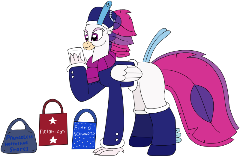 Size: 3124x2046 | Tagged: safe, artist:supahdonarudo, derpibooru import, queen novo, classical hippogriff, hippogriff, g4, my little pony: the movie, bag, clothes, coat, hat, holding, image, leggings, paper, pearl, png, pun, scarf, shopping, shopping bag, simple background, transparent background