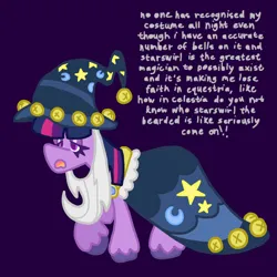 Size: 1280x1280 | Tagged: safe, artist:weevillov3r, derpibooru import, twilight sparkle, pony, unicorn, g4, luna eclipsed, bell, cape, clothes, colored hooves, costume, cute, dejected, dialogue, digital art, fake beard, female, hat, hooves, image, jpeg, lidded eyes, mare, my little pony, nightmare night, nightmare night costume, open mouth, purple background, simple background, solo, text, unicorn twilight, walking, wall of text, wizard hat