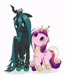 Size: 640x768 | Tagged: safe, artist:jazzhooves, derpibooru import, princess cadance, queen chrysalis, alicorn, changeling, changeling queen, pony, g4, :3, blushing, colored hooves, colored wings, crown, cute, cutealis, cutedance, duo, duo female, eyeshadow, female, floppy ears, folded wings, gold hooves, height difference, hoof shoes, hooves, image, jewelry, jpeg, lidded eyes, makeup, mare, peytral, princess shoes, raised hoof, regalia, shy, simple background, size difference, smiling, white background, wings