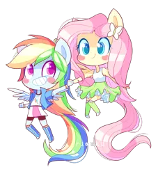 Size: 1360x1500 | Tagged: safe, artist:riouku, derpibooru import, fluttershy, rainbow dash, human, equestria girls, g4, blush sticker, blushing, boots, chibi, clothes, compression shorts, cute, dashabetes, duo, female, flutterdash, holding hands, image, lesbian, png, ponied up, rainbow socks, shipping, shoes, shyabetes, simple background, skirt, socks, striped socks, tanktop, transparent background