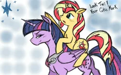 Size: 1280x800 | Tagged: safe, artist:angeltorchic, derpibooru import, sunset shimmer, twilight sparkle, twilight sparkle (alicorn), alicorn, pony, unicorn, g4, blushing, concave belly, cute, duo, female, horn, image, jpeg, lesbian, mare, older, peytral, physique difference, pointing, ponies riding ponies, riding, riding a pony, shimmerbetes, shipping, slender, sunset shimmer riding twilight, sunsetsparkle, thin, twiabetes, ultimate twilight