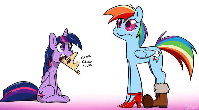 Size: 1080x600 | Tagged: safe, artist:slypon, derpibooru import, rainbow dash, twilight sparkle, twilight sparkle (alicorn), alicorn, pegasus, pony, g4, accessory theft, biting, boots, clothes, context is for the weak, duo, female, frown, high heels, image, jewelry, mare, nom, png, rainbow dash always dresses in style, shoes, sitting, tiara, wat, wide eyes