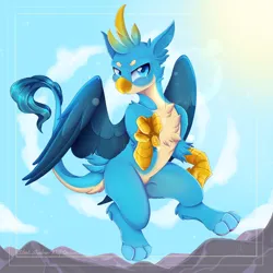 Size: 1024x1024 | Tagged: safe, artist:pvrii, artist:silent-shadow-wolf, derpibooru import, gallus, gryphon, g4, cheek fluff, chest fluff, cloud, flying, image, looking at you, male, mountain, paws, png, smiling, solo, talons