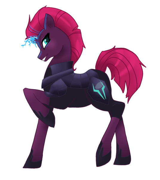 Size: 1872x2094 | Tagged: safe, artist:wicked-red-art, banned from derpibooru, deleted from derpibooru, derpibooru import, tempest shadow, pony, unicorn, armor, bedroom eyes, broken horn, female, glowing horn, grin, hoof shoes, horn, image, mare, png, raised hoof, raised leg, simple background, smiling, solo, sparks, transparent background