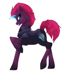 Size: 1872x2094 | Tagged: safe, artist:wicked-red-art, banned from derpibooru, deleted from derpibooru, derpibooru import, tempest shadow, pony, unicorn, armor, bedroom eyes, broken horn, female, glowing horn, grin, hoof shoes, horn, image, mare, png, raised hoof, raised leg, simple background, smiling, solo, sparks, transparent background