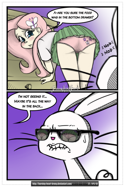 Size: 2100x3150 | Tagged: questionable, artist:burning-heart-brony, derpibooru import, angel bunny, fluttershy, human, rabbit, g4, animal, ass, bent over, blushing, butt, clothes, comic, cutie mark, cutie mark on clothes, cutie mark underwear, duo, embarrassed, eyes on the prize, female, flutterbutt, frilly underwear, frown, humanized, image, interspecies, lip bite, looking at butt, looking back, male, meme, panties, pink underwear, png, reflection, ship:angelshy, shipping, skirt, straight, sunglasses, sweat, sweatdrop, the ass was fat, underwear, upskirt, watermark