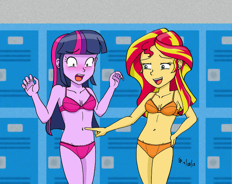 Size: 2748x2183 | Tagged: suggestive, artist:mayorlight, derpibooru import, sunset shimmer, twilight sparkle, human, equestria girls, g4, belly, belly button, blushing, bra, breasts, clothes, duo, e-cup bra, female, frilly underwear, image, jpeg, legs together, lesbian, locker room, orange underwear, panties, pink underwear, poking, shipping, sunsetsparkle, underwear