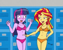 Size: 2748x2183 | Tagged: suggestive, artist:mayorlight, derpibooru import, sunset shimmer, twilight sparkle, human, equestria girls, g4, belly, belly button, blushing, bra, breasts, clothes, duo, e-cup bra, female, frilly underwear, image, jpeg, legs together, lesbian, locker room, orange underwear, panties, pink underwear, poking, shipping, sunsetsparkle, underwear