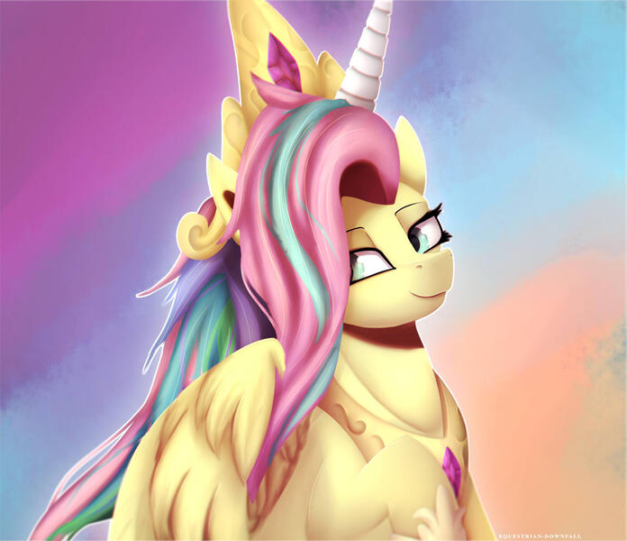 Size: 1681x1450 | Tagged: safe, artist:equestrian-downfall, derpibooru import, fluttershy, pegasus, pony, g4, horse play, clothes, cosplay, costume, fake horn, female, image, jpeg, mare, my little pony, shylestia, smiling, solo