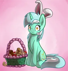 Size: 2392x2508 | Tagged: semi-grimdark, artist:witchtaunter, derpibooru import, lyra heartstrings, pony, unicorn, g4, basket, bunny ears, chest fluff, disembodied hand, female, hand, handbasket, horn, image, png, shrunken pupils, sitting, solo, that pony sure does love hands, wide eyes, yoshikage lyra