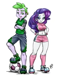 Size: 1200x1622 | Tagged: safe, artist:pia-sama, derpibooru import, rarity, spike, human, equestria girls, g4, belly, belly button, clothes, cosplay, costume, female, football, human spike, humanized, image, male, mario strikers, midriff, png, shipping, simple background, sparity, sports, straight, super mario, super mario bros., super mario strikers, white background