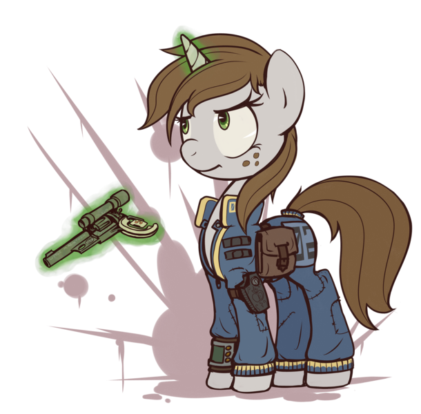 Size: 2469x2428 | Tagged: safe, artist:inlucidreverie, derpibooru import, oc, oc:littlepip, unofficial characters only, pony, unicorn, fallout equestria, fanfic, bag, blood, blood splatter, clothes, fallout, fanfic art, female, freckles, frown, glare, glow, glowing horn, gun, handgun, holster, hooves, horn, image, jumpsuit, levitation, little macintosh, magic, mare, optical sight, pipboy, pipbuck, png, revolver, saddle bag, simple background, solo, telekinesis, transparent background, vault suit, weapon