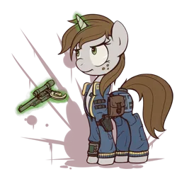 Size: 2469x2428 | Tagged: safe, artist:inlucidreverie, derpibooru import, oc, oc:littlepip, unofficial characters only, pony, unicorn, fallout equestria, fanfic, bag, blood, blood splatter, clothes, fallout, fanfic art, female, freckles, frown, glare, glow, glowing horn, gun, handgun, holster, hooves, horn, image, jumpsuit, levitation, little macintosh, magic, mare, optical sight, pipboy, pipbuck, png, revolver, saddle bag, simple background, solo, telekinesis, transparent background, vault suit, weapon