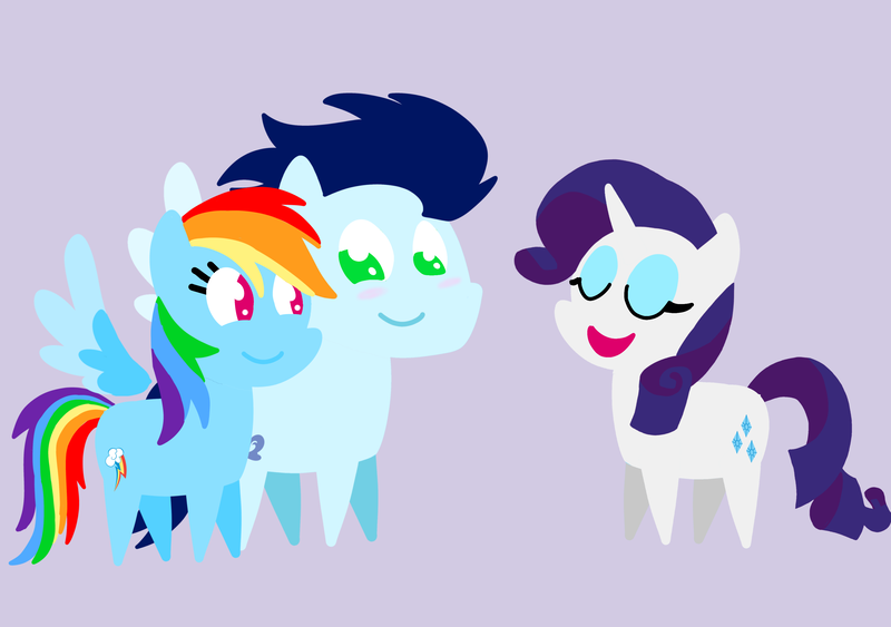 Size: 3553x2499 | Tagged: safe, anonymous artist, derpibooru import, rainbow dash, rarity, soarin', pegasus, pony, unicorn, series:soarindash relationship, series:soarindash romantic tales, g4, derpibooru exclusive, female, horn, image, male, mare, png, pointy ponies, shipping, smiling, soarindash, stallion, straight