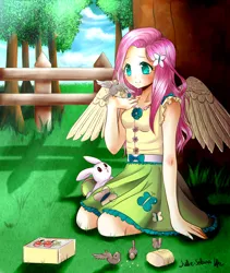 Size: 2000x2373 | Tagged: safe, artist:solanapple, derpibooru import, angel bunny, fluttershy, bird, human, g4, anime, bread, clothes, colored pupils, cute, female, fence, food, grass, grass field, hair accessory, humanized, image, kneeling, png, scenery, shyabetes, signature, skirt, smiling, tree, winged humanization, wings