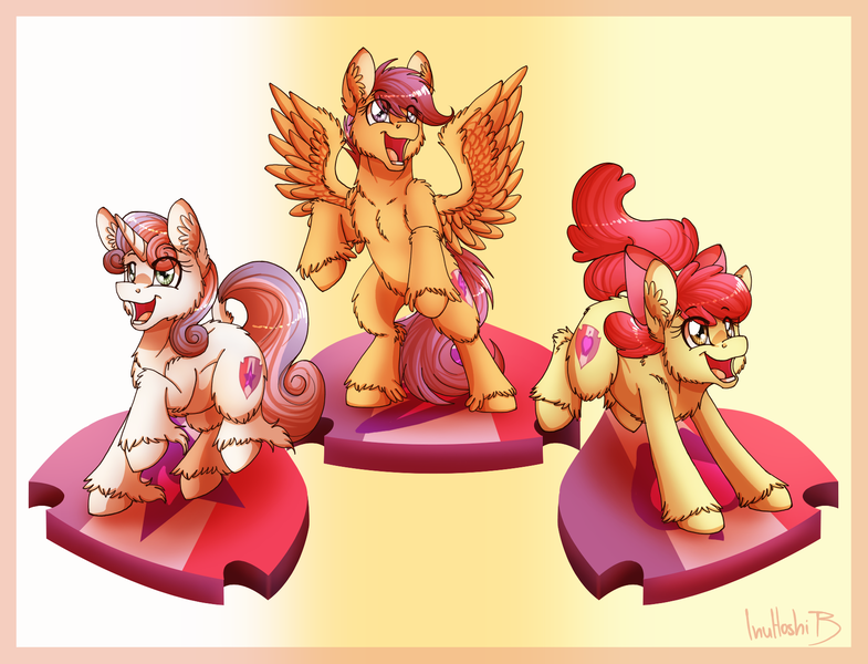 Size: 1700x1300 | Tagged: safe, artist:inuhoshi-to-darkpen, derpibooru import, apple bloom, scootaloo, sweetie belle, earth pony, pegasus, pony, unicorn, crusaders of the lost mark, g4, season 5, backwards cutie mark, cutie mark, cutie mark crusaders, female, filly, fluffy, foal, horn, image, my little pony, png, rearing, spread wings, the cmc's cutie marks, unshorn fetlocks, wings