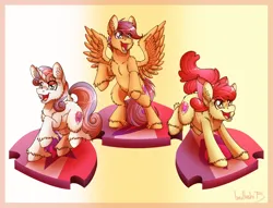 Size: 1700x1300 | Tagged: safe, artist:inuhoshi-to-darkpen, derpibooru import, apple bloom, scootaloo, sweetie belle, earth pony, pegasus, pony, unicorn, crusaders of the lost mark, g4, season 5, backwards cutie mark, cutie mark, cutie mark crusaders, female, filly, fluffy, foal, horn, image, my little pony, png, rearing, spread wings, the cmc's cutie marks, unshorn fetlocks, wings